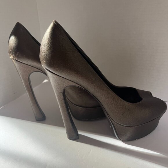 Yves Saint Laurent YSL Paris Metallic Bronze Leather Platform Peep Toe US 7.5 - Picture 7 of 11